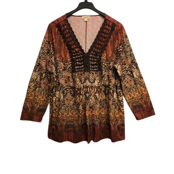 One World  Womens Plus 3X Multicolor Ombre Tunic Top V Neck Crochet Trim Boho - Picture 3 of 9